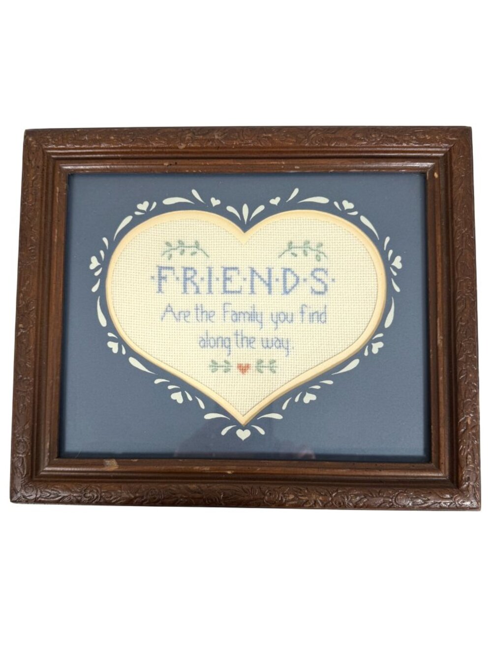 VTG Framed Heart-Shaped Cross-Stitch Wall Art 'Friends Are The Family You Find'